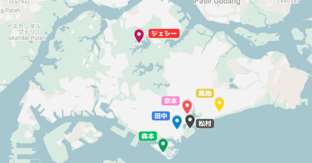 メンバーそれぞれのスタート地点が記されたシンガポール地図